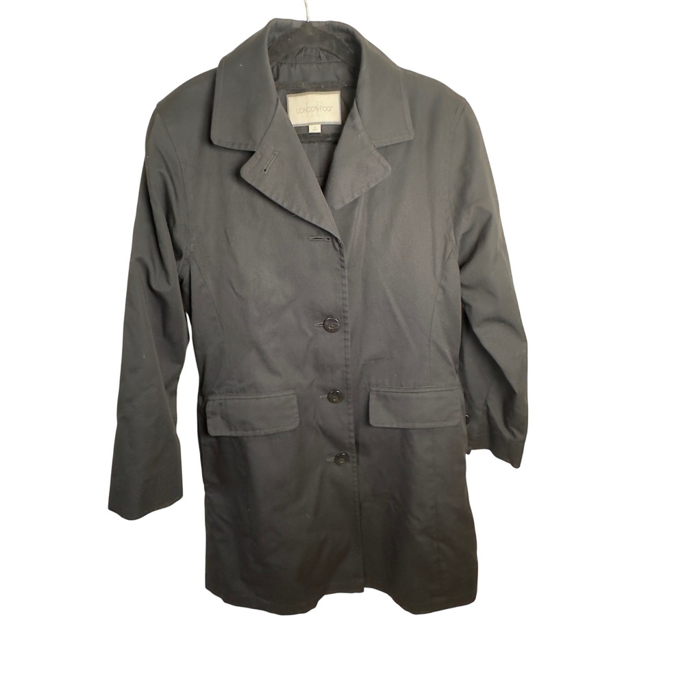 London Fog Womens Petite Black Button Lined Front Trench‎ Coat Size S